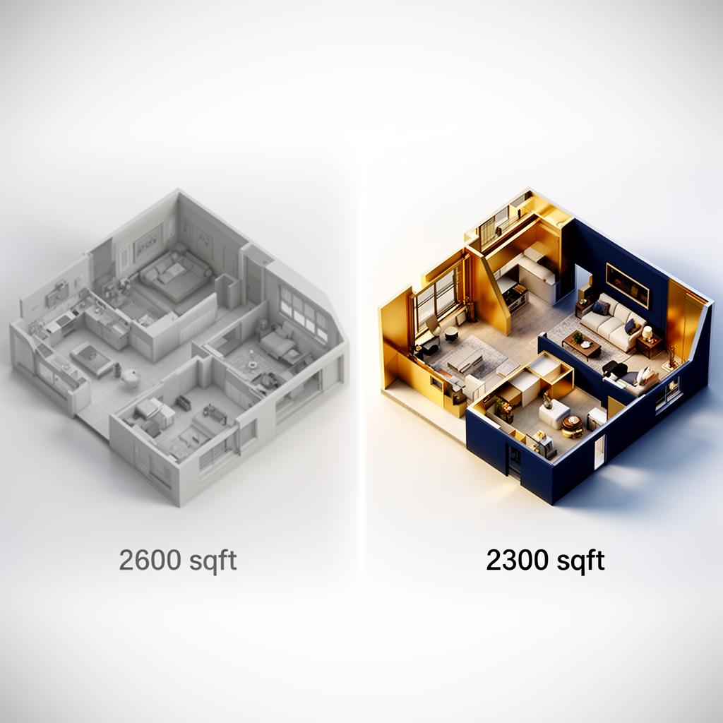 2600 sqft vs 2300 sqft optimised 3D floor plan comparison